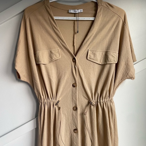 Mango Utility Drawstring Khaki Beige Mocha Brown Midi Linen Dress size S - Picture 7 of 11